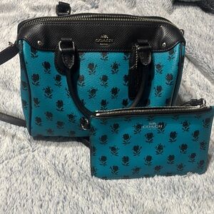 Coach Mini Rowan Black and Blue Satchel Set with Flower Design!